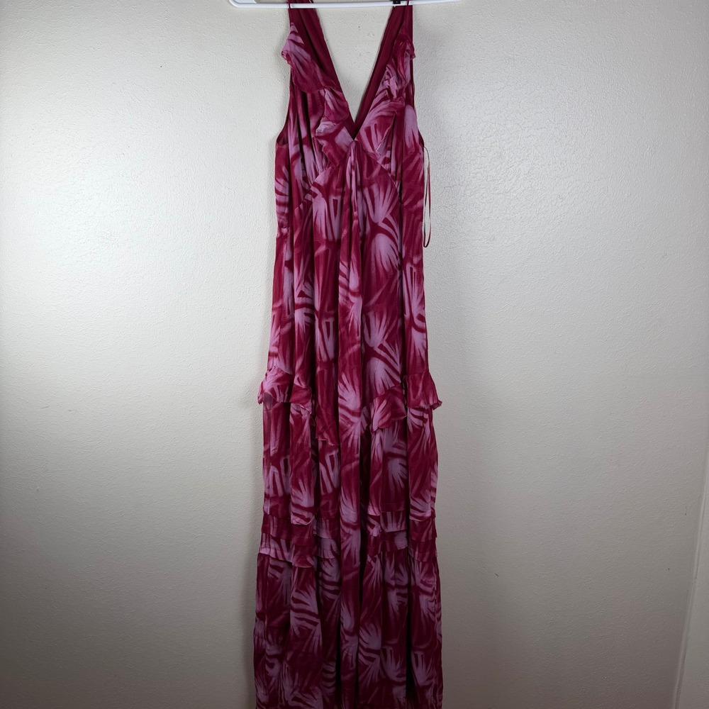 Rails Pink Palm Leaf Print Ruffle Tiered Maxi Dress Magenta Womens Small